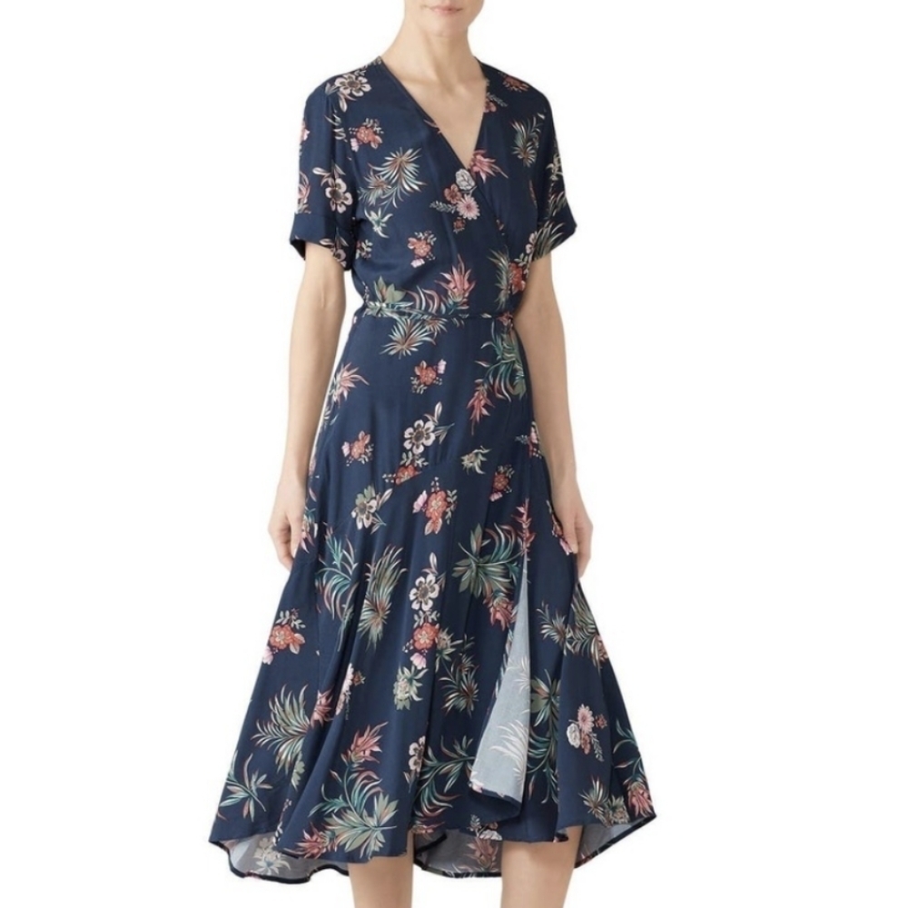 Fifteen Twenty Navy Blue Floral Wrap Midi Dress Size S